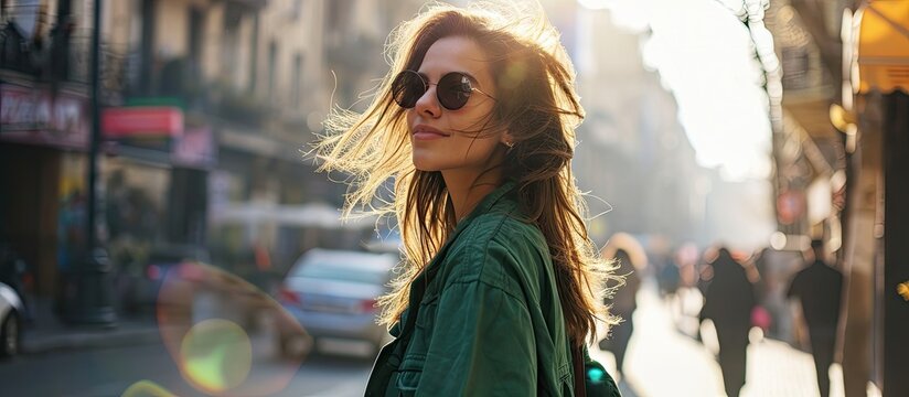 Photo of adorable charming girlfriend wear green outfit dark eyewear smiling walking sunny weather outdoors city street. with copy space image. Place for adding text or design