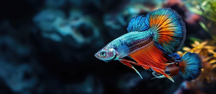 pregnant female of freshwater dwarf guppy fish male with big blue tail courtship popular and hardy enduring species for beginners free space dark blurred background colorful neon glowing breed