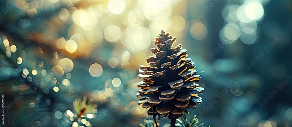 Poster Spring pine cone on a stick with blurry shallow depth of field. with copy space image. Place for adding text or design