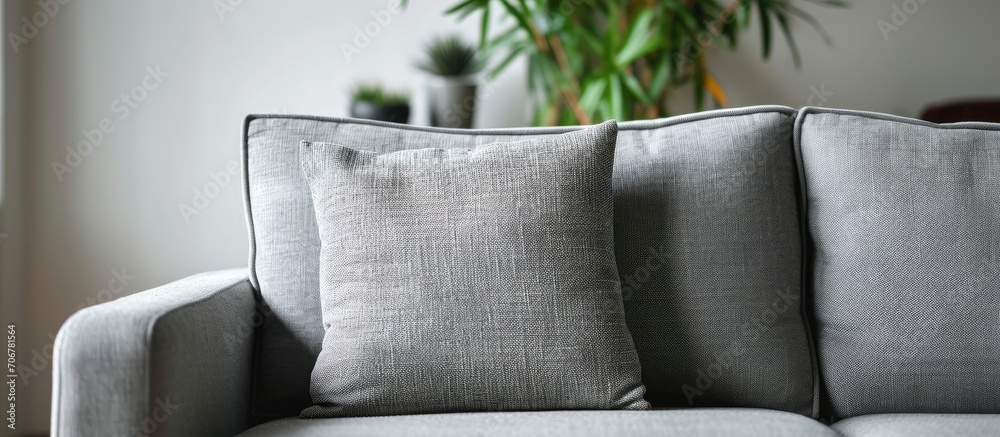 Aufkleber trendy knot light grey pillow on comfortable scandinavian couch. with copy space image. place for ad