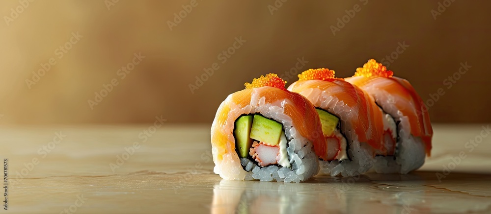 Aufkleber Philadelphia roll sushi with salmon prawn avocado cream cheese Sushi menu. with copy space image. Place for adding text or design