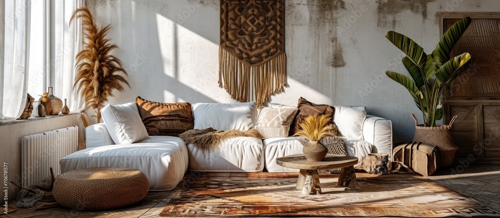 Aufkleber stylish sofa details of couch fabric and pillows boho design comfortable sofa with textures and mode
