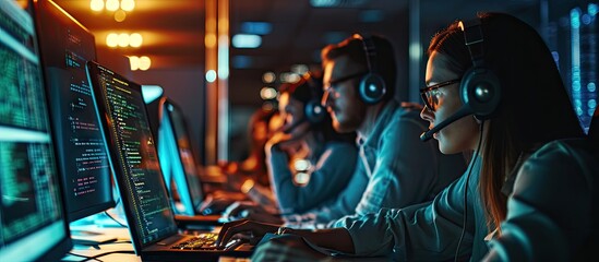 Multiethnic cyber security team developing software algorithm for information processing and network optimization Informational agency multiracial tech engineers programming application while u