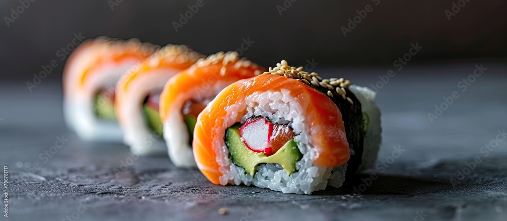 Aufkleber Philadelphia roll sushi with salmon prawn avocado cream cheese Sushi menu. with copy space image. Place for adding text or design
