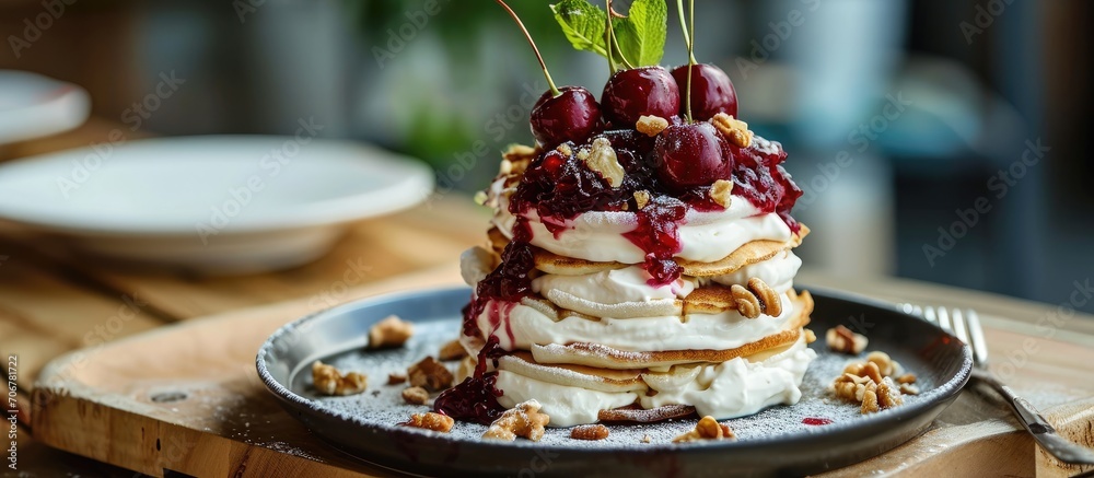 Aufkleber Pancake tower with yogurt nuts and cherry jam Healthy and wholesome food Serving food in a restaurant Photo for the menu. with copy space image. Place for adding text or design