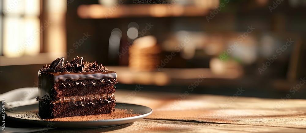 Aufkleber piece of delicious fresh homemade chocolate sponge cake on wooden table. with copy space image. plac