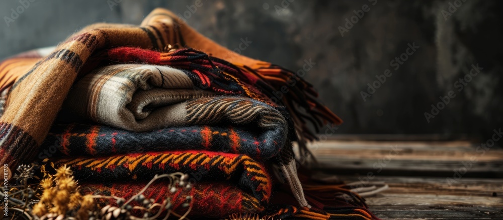 Poster Stack of woolen checked blankets autumn and winter concept banner size. with copy space image. Place for adding text or design