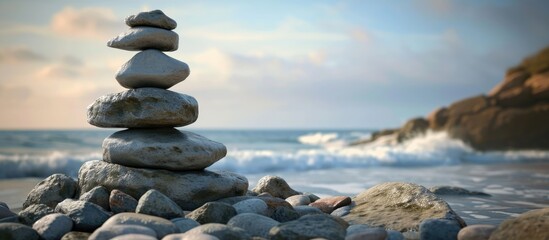 Stone tower Natural pebble stone on the beach Balancing body mind soul and spirit Mental health practice. with copy space image. Place for adding text or design - obrazy, fototapety, plakaty