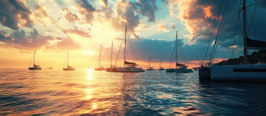 Selbstklebende Fototapeten Sunset in tropics with sailing catamarans Luxury yachts in the ocean in the evening Calm waves of warm sea water. with copy space image. Place for adding text or design © vxnaghiyev