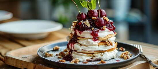 Pancake tower with yogurt nuts and cherry jam Healthy and wholesome food Serving food in a restaurant Photo for the menu. with copy space image. Place for adding text or design