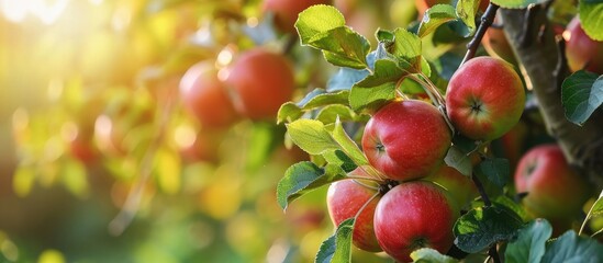 Shiny delicious apples hanging from a tree branch in an apple orchard. with copy space image. Place for adding text or design