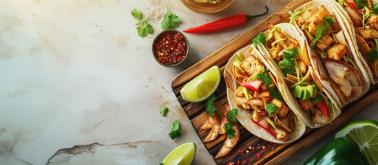 Tacos with Plant based canned tuna and vegan crab. with copy space image. Place for adding text or design