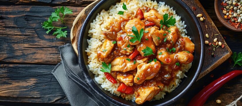 Turkish Perde Pilavi Drape pilaf with chicken almond and raisin A local flavor Rice from Siirt region Turkish name Siirt perde pilavi. with copy space image. Place for adding text or design