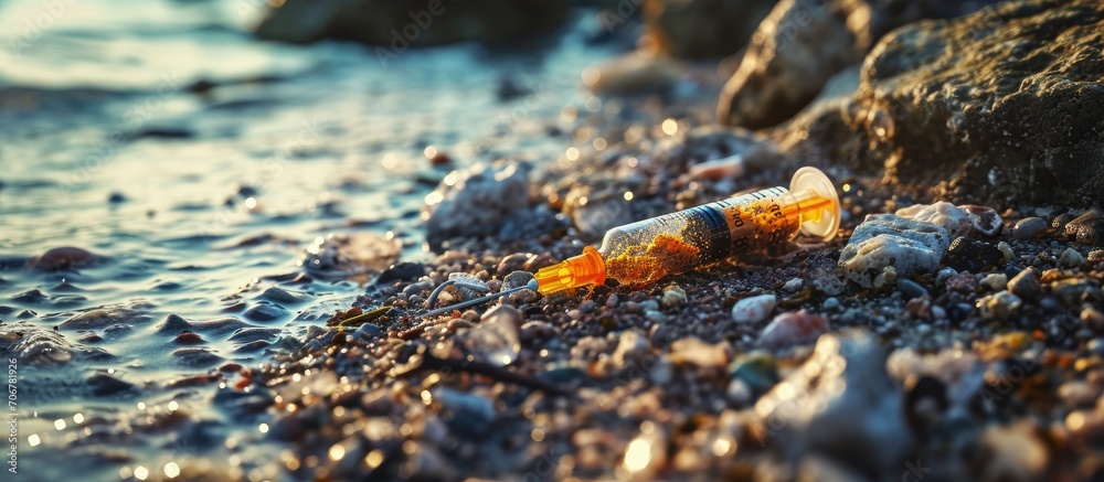 Poster The syringe is on the beach Hazardous waste. with copy space image. Place for adding text or design