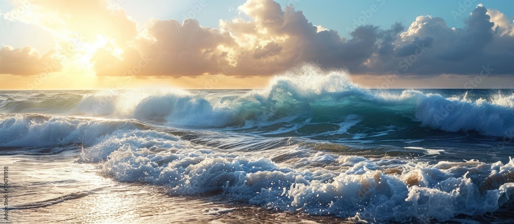 Poster ocean view seascape landscape Big surfing ocean wave splitted by waterline with slightly cloudy sky and the sun. with copy space image. Place for adding text or design