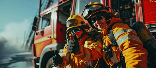 Two firefighters in protective suits with half mask in hand against fire engine gesture thumbs up. with copy space image. Place for adding text or design