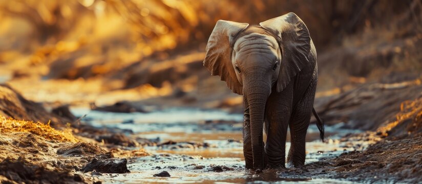 Suckling Baby African Elephant Loxodanta africana. with copy space image. Place for adding text or design