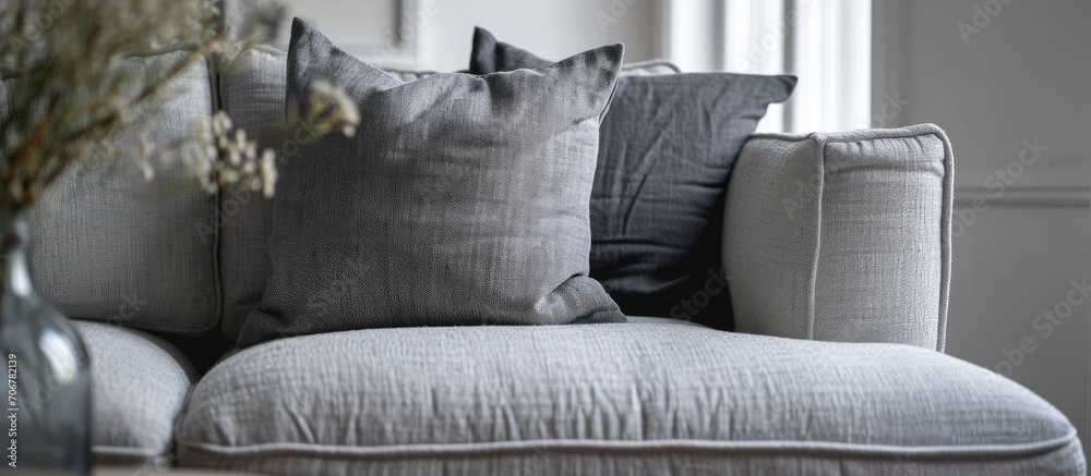 Poster Trendy knot light grey pillow on comfortable scandinavian couch. with copy space image. Place for adding text or design