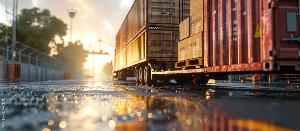 Poster Packaging Boxes Stacked on Pallets Load with Shipping Cargo Container Delivery Trucks Loading at Dock Warehouse Supply Chain Shipment Boxes Distribution Warehouse Freight Truck Transport Logist
