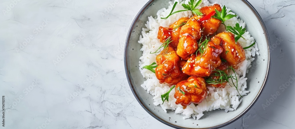 Poster Top view of spicy honey chicken tenders served with rice. with copy space image. Place for adding text or design