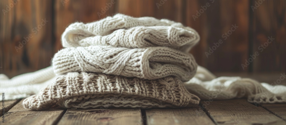 Poster Stack of white cozy knitted sweaters on a wooden table. with copy space image. Place for adding text or design
