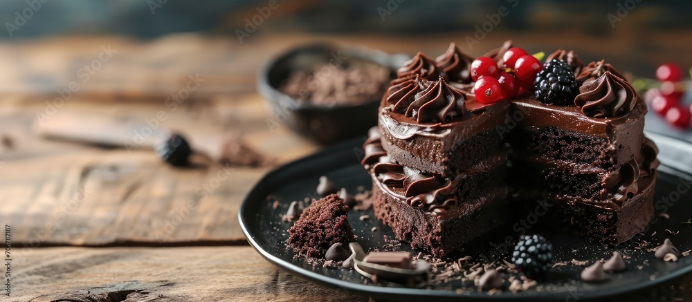 Aufkleber piece of delicious fresh homemade chocolate sponge cake on wooden table. with copy space image. plac