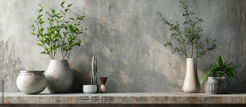 Aufkleber sideboard in front of a grey wall with art objects. with copy space image. place for adding text or 