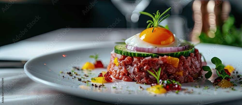 Poster traditional beef tartar served with a raw egg on top onion and cucumber in white plate ready to be e