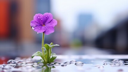 Closeup of a droplet of water sitting atop a vibrant purple flower in an urban rooftop garden.