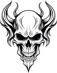 Demon skull with horns, Horned evil, devil head skull, black and white vector tattoo illustration isolated on transparent background