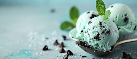 Organic Green Mint Chocolate Chip Ice Cream with a Spoon. with copy space image. Place for adding text or design - Powered by Adobe