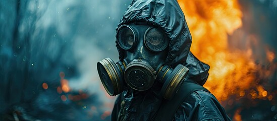 The concept of viral infection security A man in a protective suit and gas mask. with copy space image. Place for adding text or design - obrazy, fototapety, plakaty