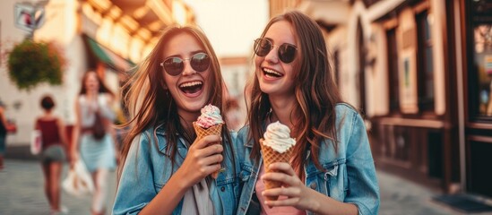 Two girls are strolling talking and eating cone ice cream and having much fun in the town. with copy space image. Place for adding text or design - obrazy, fototapety, plakaty
