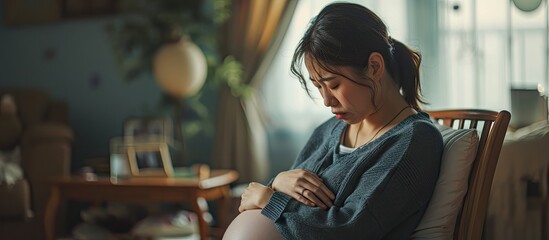 Fototapeta na wymiar pregnancy feel depression asian pregnant woman is suffering headache and abdominal pain sitting on sofa in the living room at home. with copy space image. Place for adding text or design