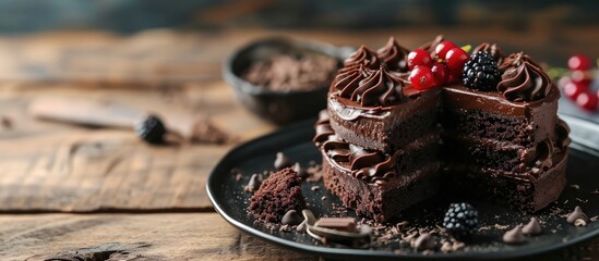 Piece of delicious fresh homemade chocolate sponge cake on wooden table. with copy space image. Place for adding text or design - obrazy, fototapety, plakaty