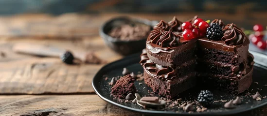 Foto op Aluminium Piece of delicious fresh homemade chocolate sponge cake on wooden table. with copy space image. Place for adding text or design © vxnaghiyev