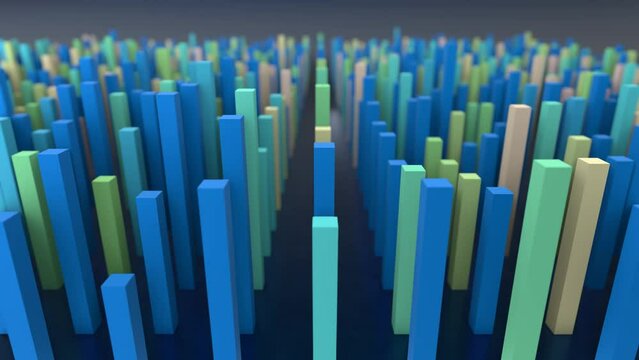 Blocks moving randomly up and down in different shades of blue - 3D render
