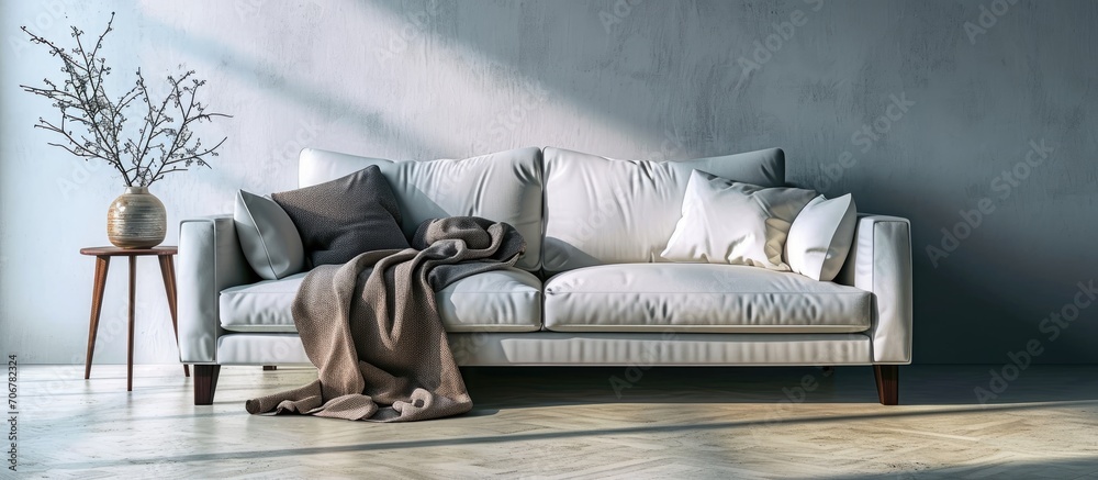 Aufkleber Pillow and blanket on elegant sofa in spacious living room with copy space wall. with copy space image. Place for adding text or design
