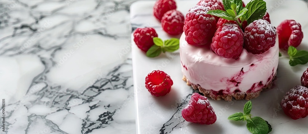 Poster Raspberry ice cream dessert on marble backdrop. with copy space image. Place for adding text or design