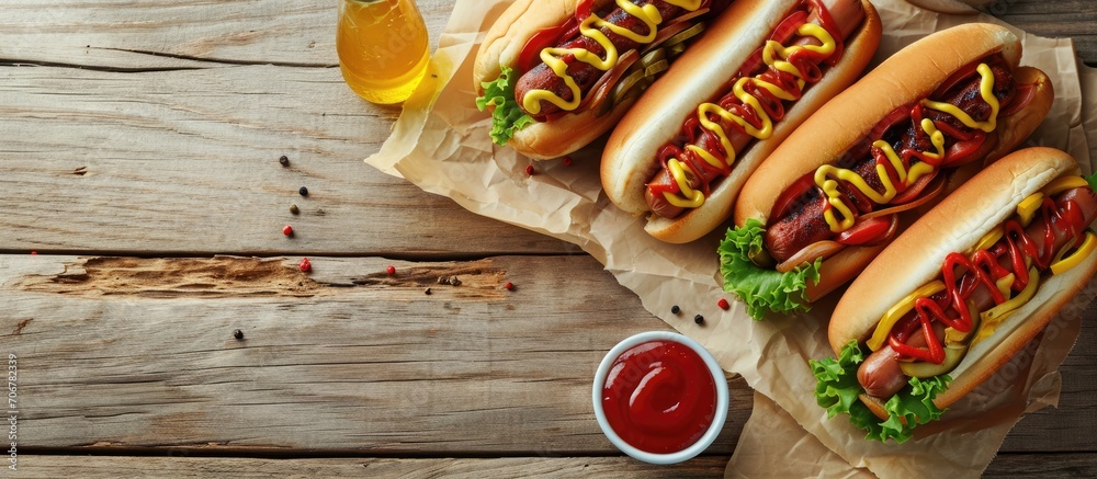 Poster Two hot dogs with ketchup and mustard on parchment paper. with copy space image. Place for adding text or design