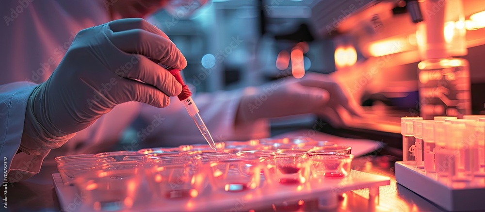 Aufkleber researcher working in a biotechnology lab biochemical engineer working with microplate in a laboratory experiment. with copy space image. Place for adding text or design