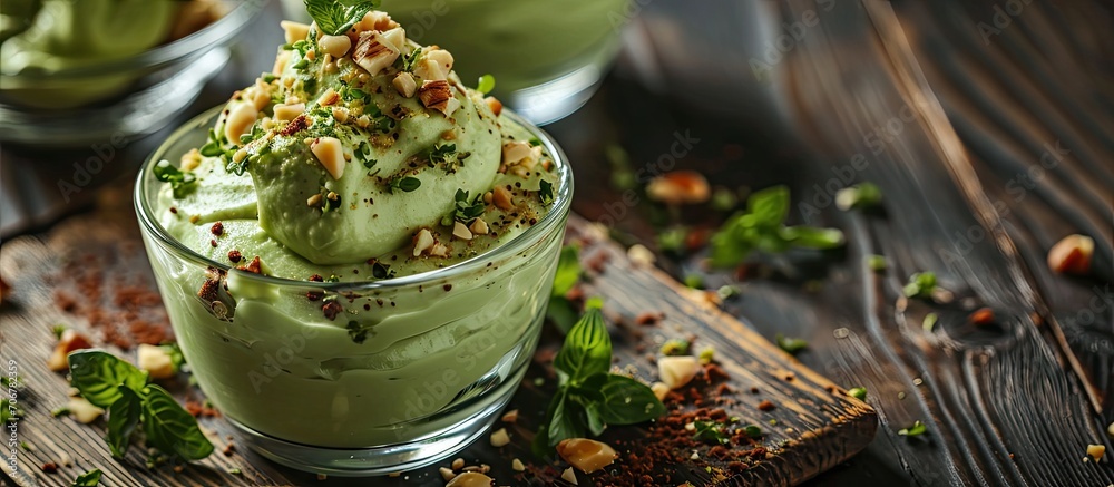 Poster Raw avocado chocolate mousse topped with hazelnuts. with copy space image. Place for adding text or design