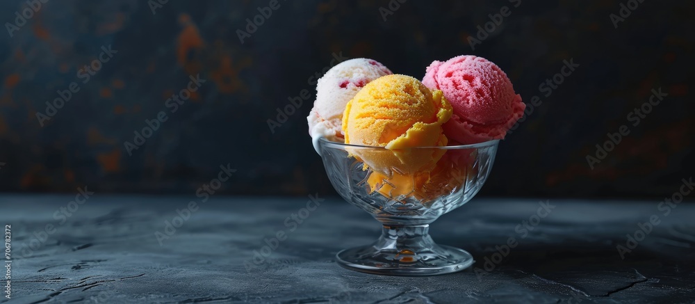 Poster neapolitan ice cream glass bowl with ice cream in strawberry vanilla and chocolate flavors. with cop
