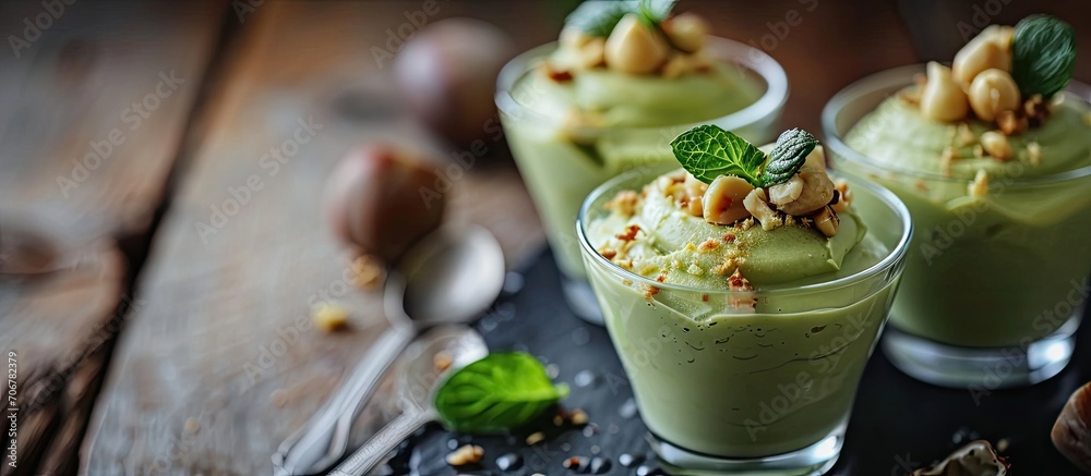Poster Raw avocado chocolate mousse topped with hazelnuts. with copy space image. Place for adding text or design