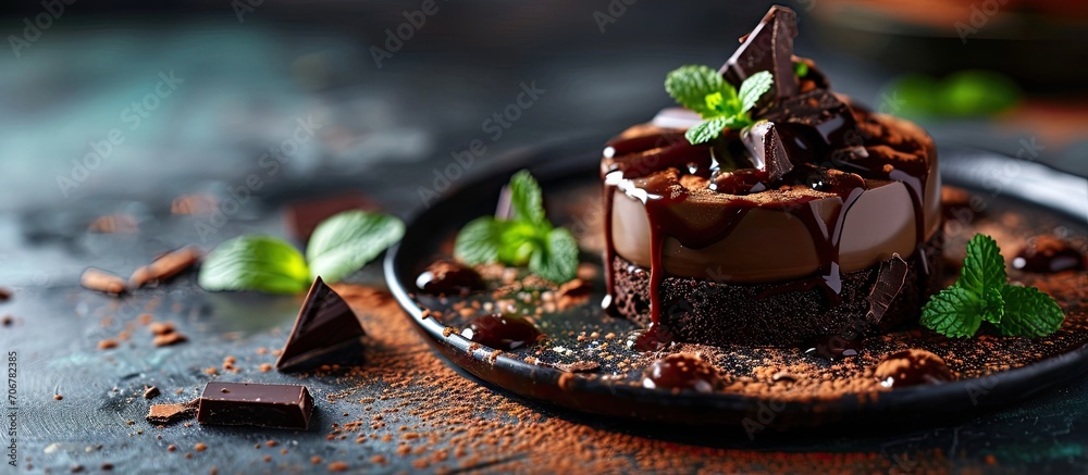 Poster raw avocado chocolate mousse topped with chocolate and mint selective focus healthy vegan chocolate 