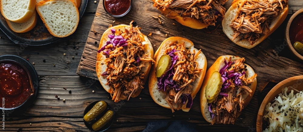 Poster Pulled pork sandwiches with BBQ sauce cabbage and pickles overhead shot. with copy space image. Place for adding text or design