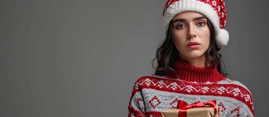Sad disappointed woman opening Christmas gifts at home she has received an ugly Christmas sweater....
