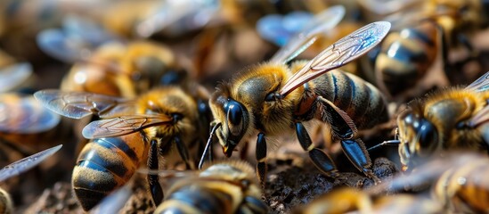 Queen bee in the center It s larger than other worker bees and it s marked by blue paint. with copy space image. Place for adding text or design