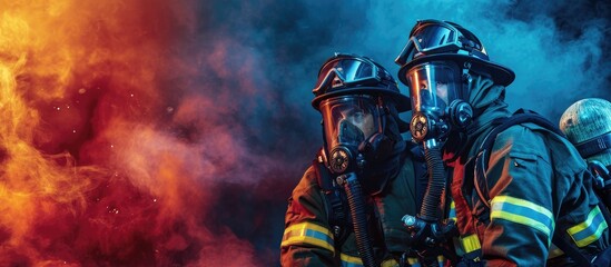 Two firefighters in protective suits and gas masks are preparing for work Mechanisms and devices for saving people. with copy space image. Place for adding text or design - obrazy, fototapety, plakaty