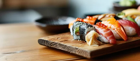 Tuinposter Tamagoyaki nigiri sushi Japanese sushi on a sushi wooden tray. with copy space image. Place for adding text or design © vxnaghiyev
